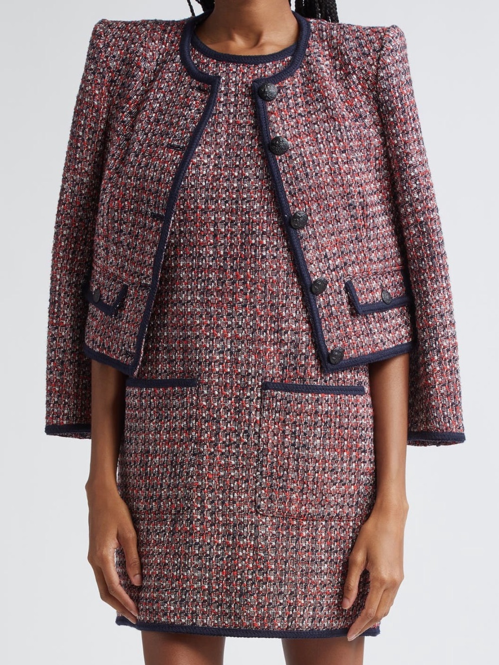 Veronica Beard Red, Navy & White Tweed Cropped Blazer - Picture 3 of 10